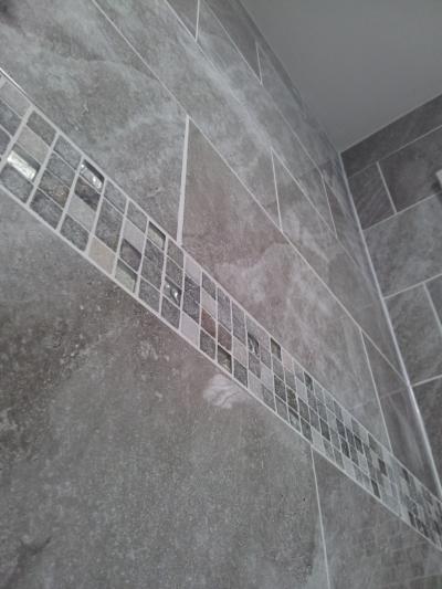 Brick Bond Pattern Bathroom Tiling and Mosaic Border. Boldre, Lymington.